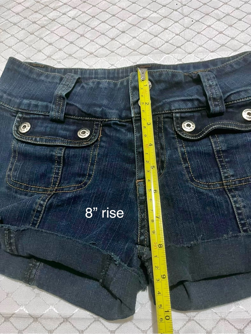 Y2K BONGO Dark Navy Blue Low-Rise Cuffed Rolled Hem Micro Mini Denim Shorts - Picture 3 of 8